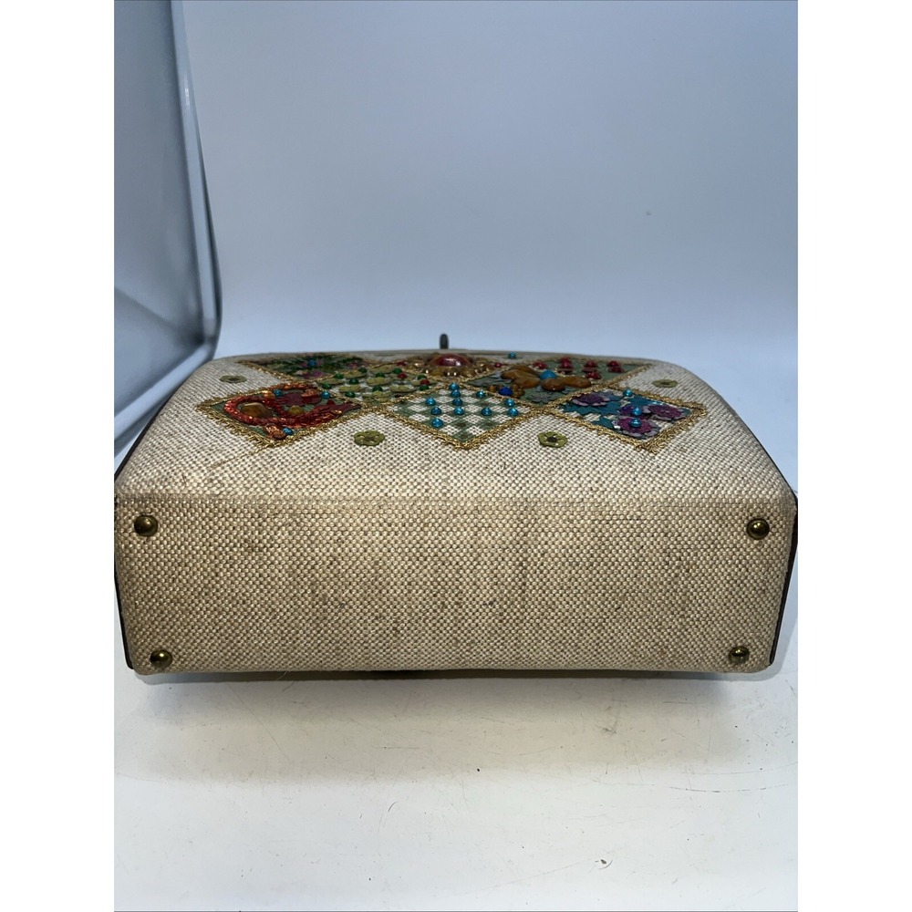 Vintage Jeweled Canvas Box Bag Purse Jewel Flowers Wood 1960's - Picture 7 of 7